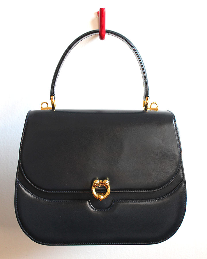 vintage navy gucci calfskin handbag with gold hardware