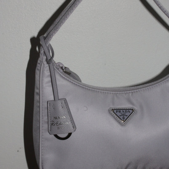 details of purple grey Prada nylon handbag