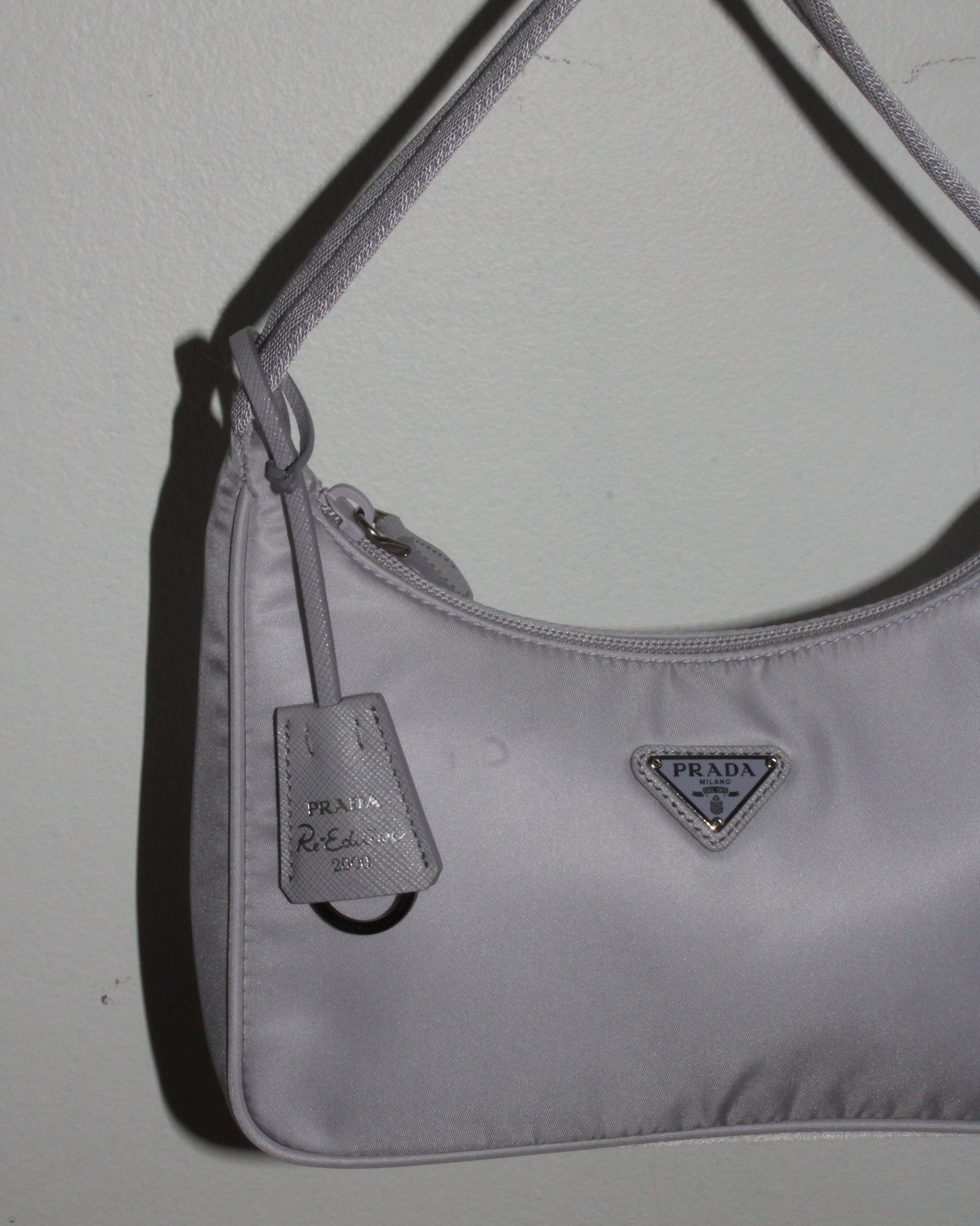 details of purple grey Prada nylon handbag
